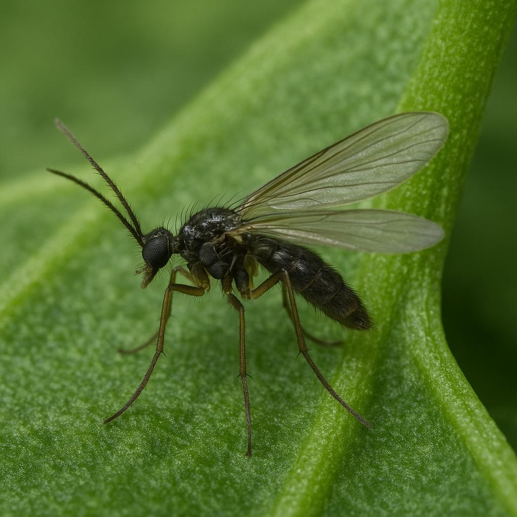 Close-up of a small dark fungus gnat resting on moist organic substrate in a planted tropical vivarium.