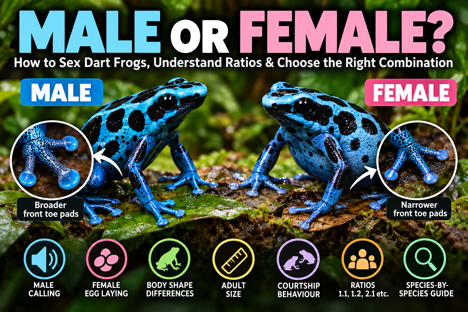 Male and female dart frogs showing sexing differences including front toe pads