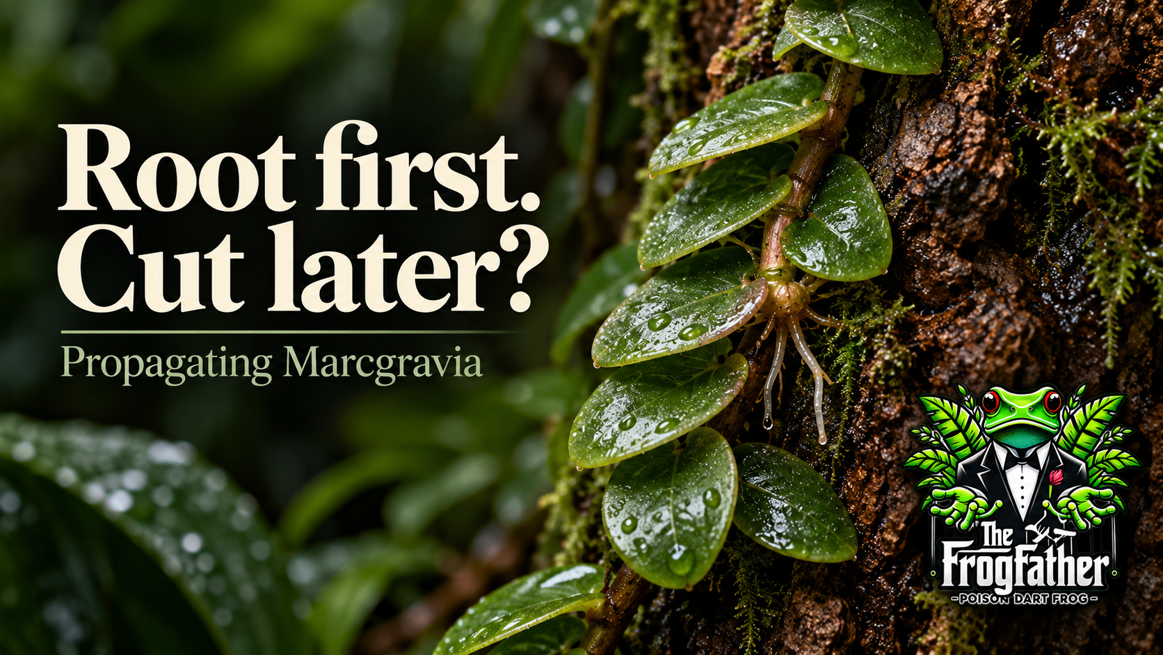 Illustration of a leafy shingling vine with roots against textured cork, beside the headline “Root first. Cut later?”