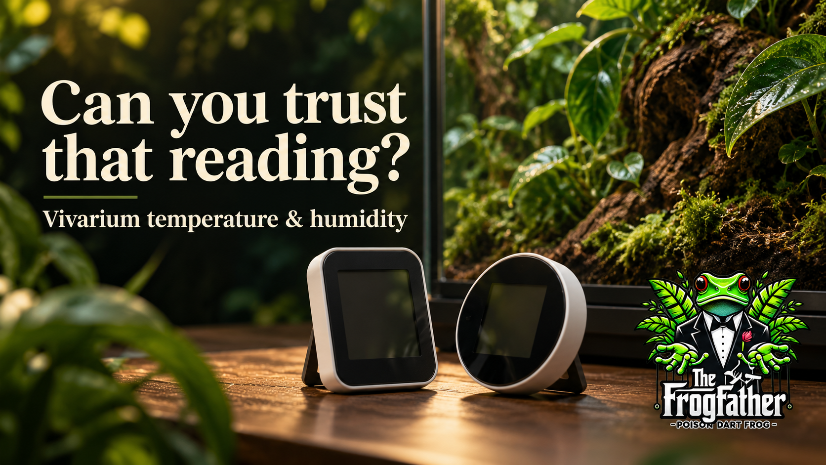 Two digital monitoring instruments on a wooden bench beside a planted vivarium, with the headline “Can you trust that reading?”