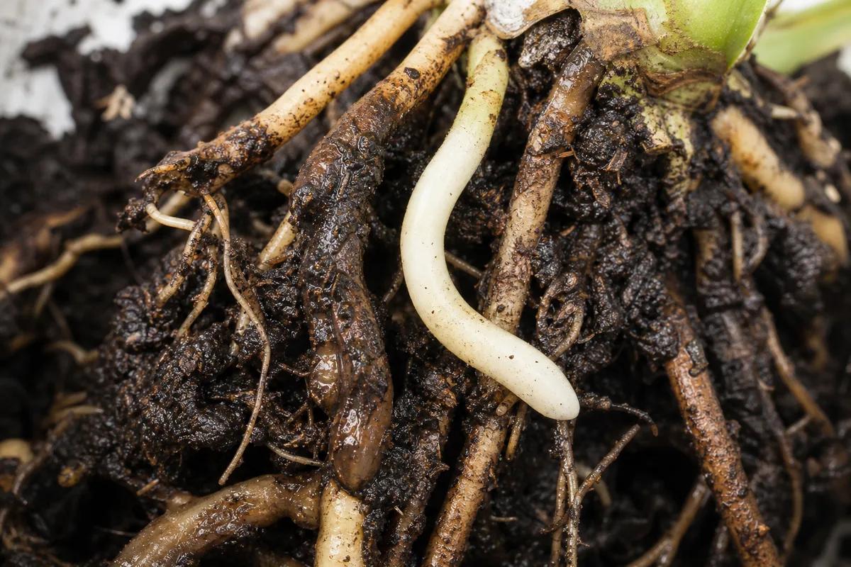 Comparison of healthy plant roots and deteriorating brown roots in moist vivarium substrate, illustrating common causes of root loss.